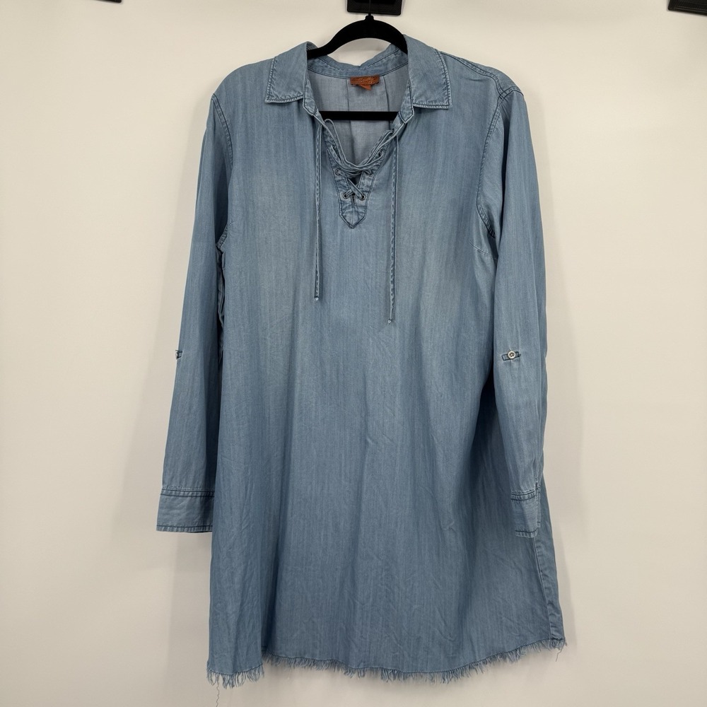 Scully Shirt Dress Womens XL Chambray Denim Western Lace up Eyelet Cowgirl Rodeo